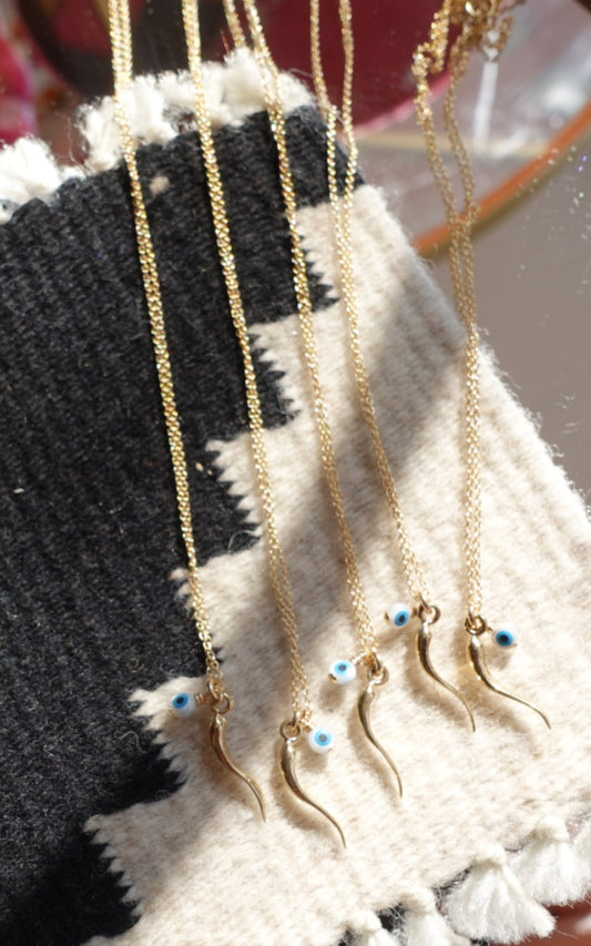 14k Gold Filled Italian Horn Evil Eye Necklace