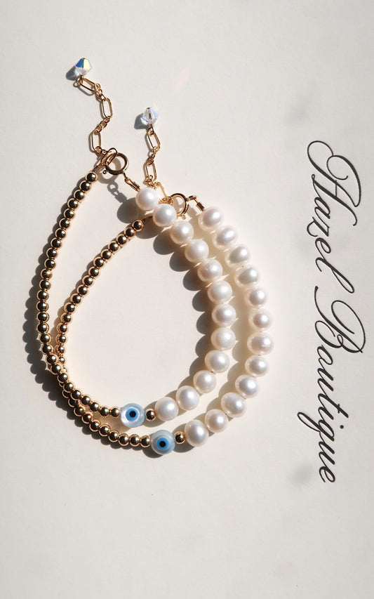 14k Gold Evil Eye & Pearl Bracelet